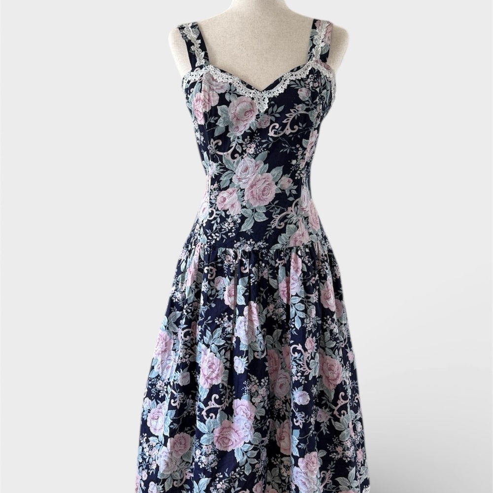 Vintage 1980s Scott McClintock Gunne Sax Floral Navy and Pink Dress